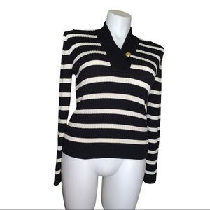 Lauren Ralph Lauren Black White Stripe Shawl Collar Button Sweater L